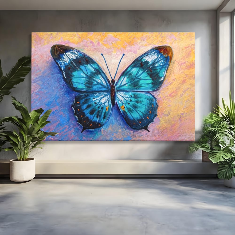 Tablou Canvas Premium, LuxCanva® M1150, Fluture Pictat de Valuri, Pictura, Albastru, Azur, Fluture, Ocean, Valuri, Aripi, Insecta, Abstract, Azur, Acuarela, Birou, Living, Camera Copil