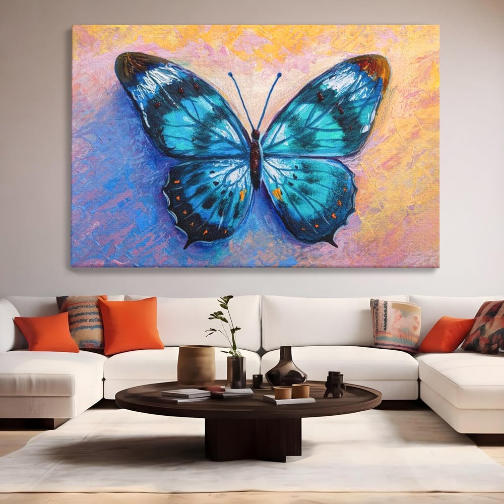 Tablou Canvas Premium, LuxCanva® M1150, Fluture Pictat de Valuri, Pictura, Albastru, Azur, Fluture, Ocean, Valuri, Aripi, Insecta, Abstract, Azur, Acuarela, Birou, Living, Camera Copil