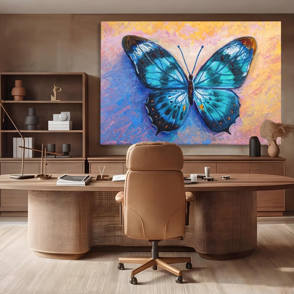 Tablou Canvas Premium, LuxCanva® M1150, Fluture Pictat de Valuri, Pictura, Albastru, Azur, Fluture, Ocean, Valuri, Aripi, Insecta, Abstract, Azur, Acuarela, Birou, Living, Camera Copil