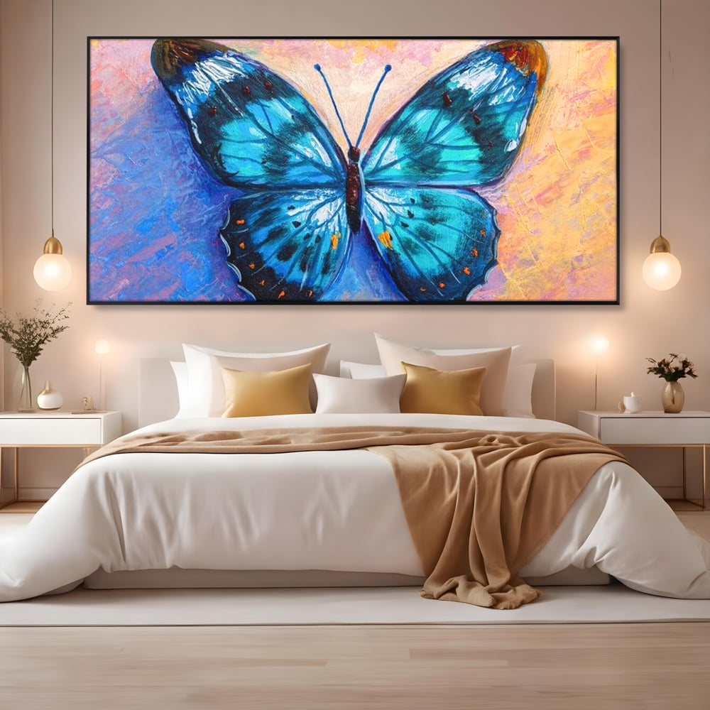 Tablou Canvas Premium, LuxCanva® M1150, Fluture Pictat de Valuri, Pictura, Albastru, Azur, Fluture, Ocean, Valuri, Aripi, Insecta, Abstract, Azur, Acuarela, Birou, Living, Camera Copil