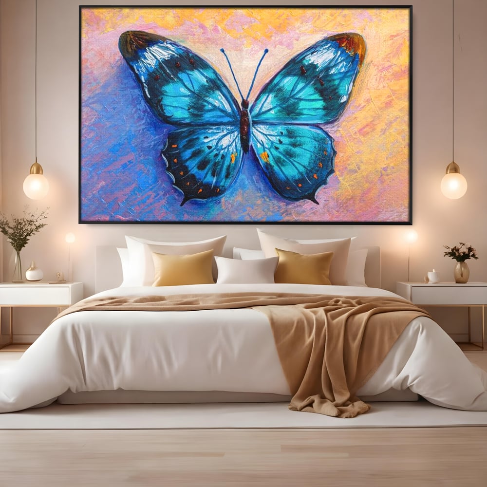 Tablou Canvas Premium, LuxCanva® M1150, Fluture Pictat de Valuri, Pictura, Albastru, Azur, Fluture, Ocean, Valuri, Aripi, Insecta, Abstract, Azur, Acuarela, Birou, Living, Camera Copil
