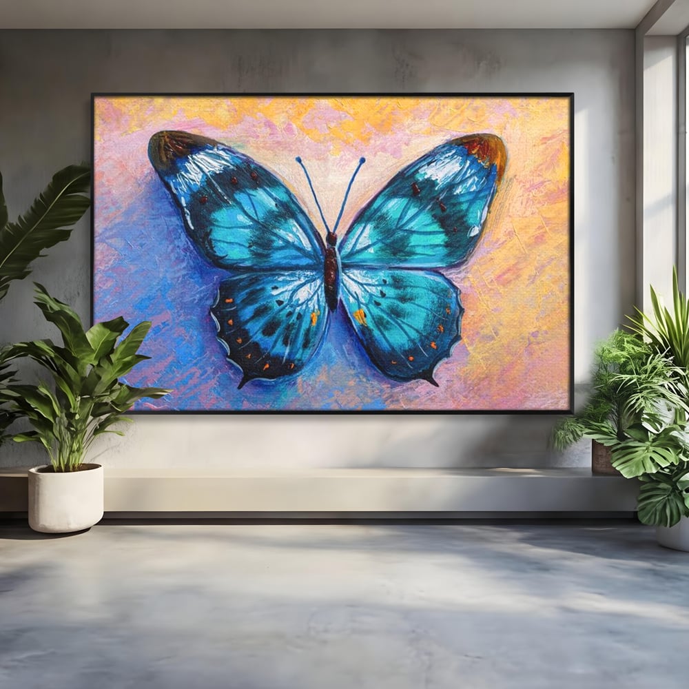 Tablou Canvas Premium, LuxCanva® M1150, Fluture Pictat de Valuri, Pictura, Albastru, Azur, Fluture, Ocean, Valuri, Aripi, Insecta, Abstract, Azur, Acuarela, Birou, Living, Camera Copil