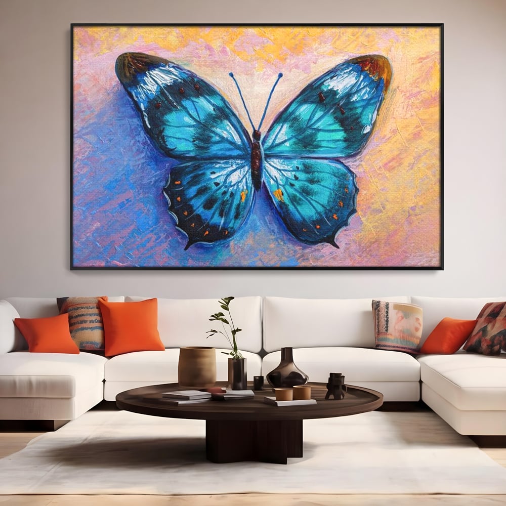 Tablou Canvas Premium, LuxCanva® M1150, Fluture Pictat de Valuri, Pictura, Albastru, Azur, Fluture, Ocean, Valuri, Aripi, Insecta, Abstract, Azur, Acuarela, Birou, Living, Camera Copil