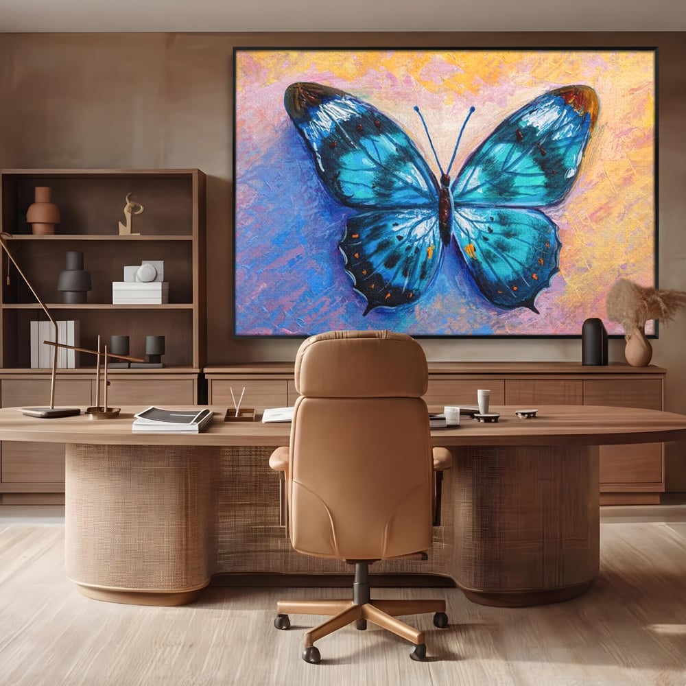 Tablou Canvas Premium, LuxCanva® M1150, Fluture Pictat de Valuri, Pictura, Albastru, Azur, Fluture, Ocean, Valuri, Aripi, Insecta, Abstract, Azur, Acuarela, Birou, Living, Camera Copil
