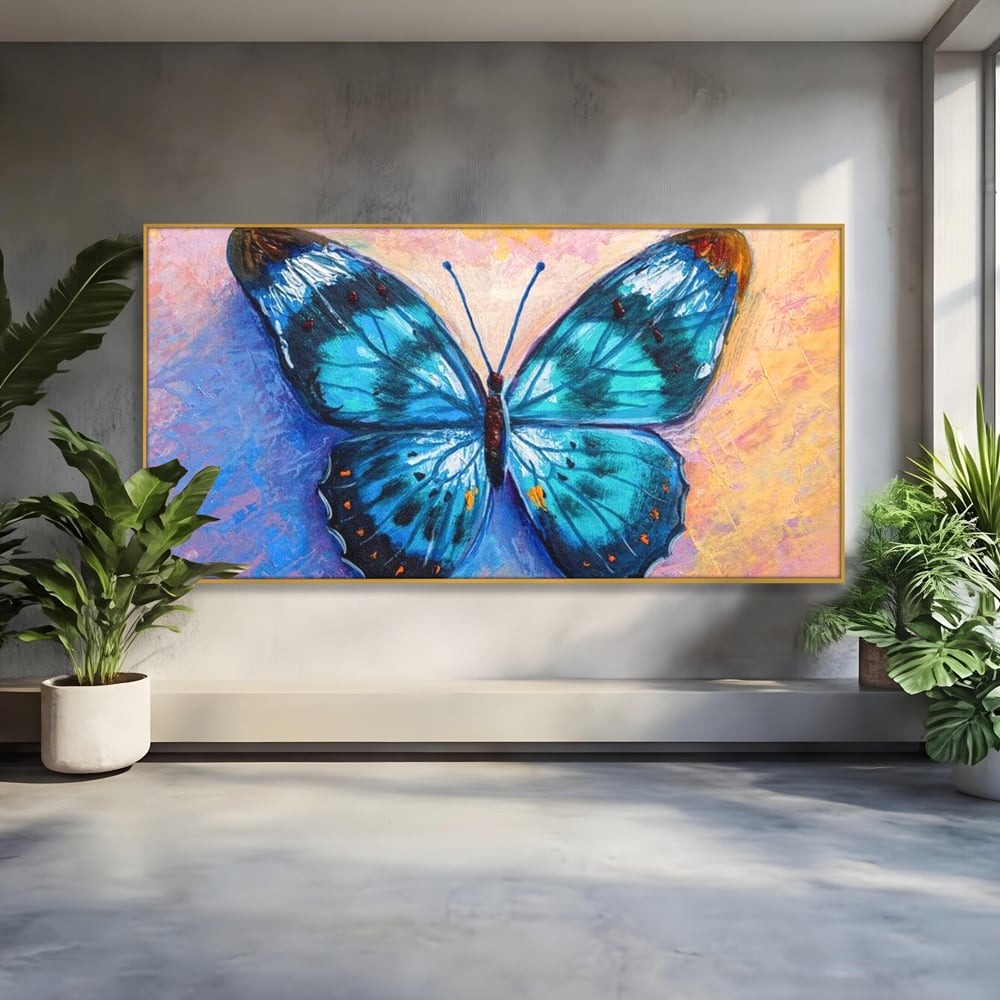 Tablou Canvas Premium, LuxCanva® M1150, Fluture Pictat de Valuri, Pictura, Albastru, Azur, Fluture, Ocean, Valuri, Aripi, Insecta, Abstract, Azur, Acuarela, Birou, Living, Camera Copil