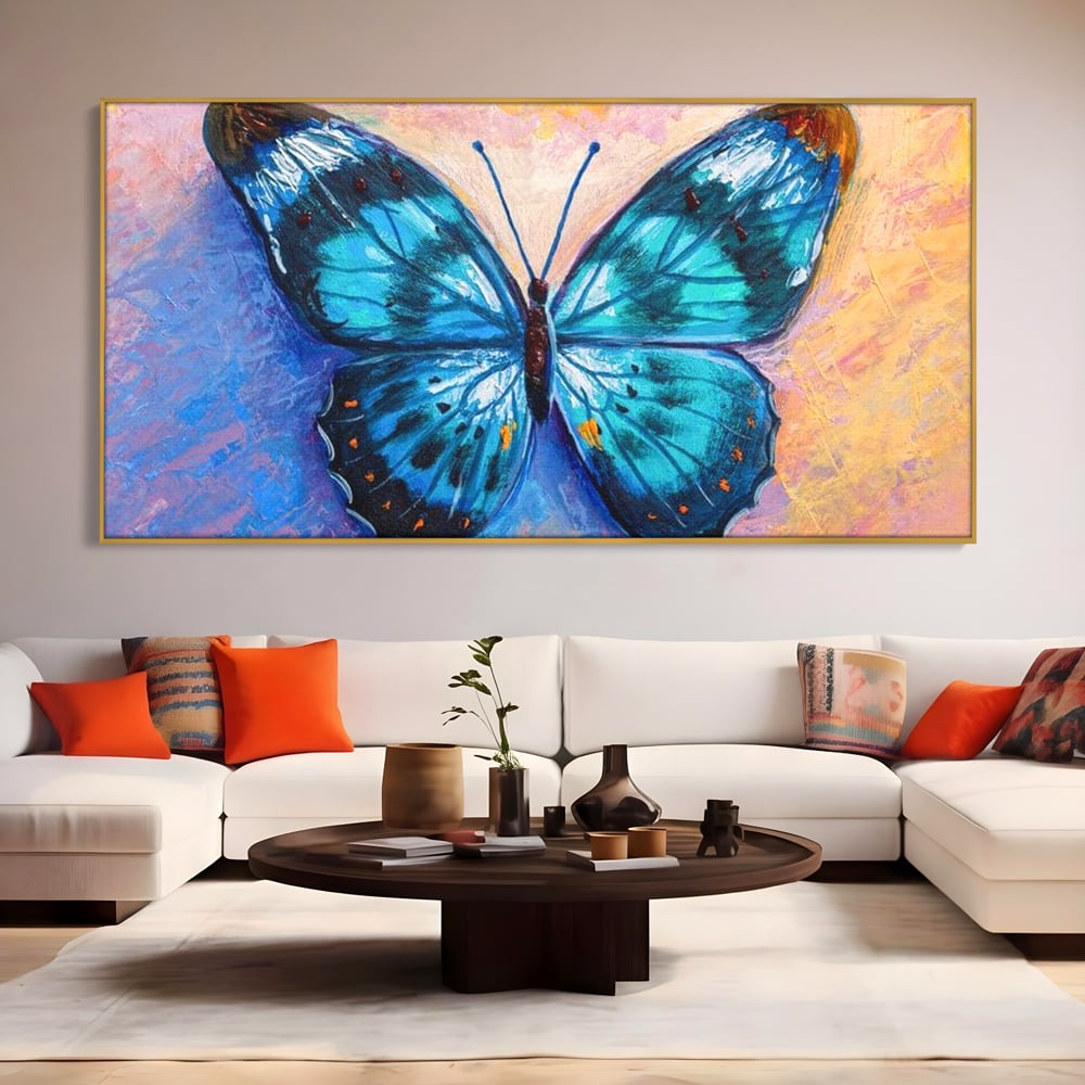 Tablou Canvas Premium, LuxCanva® M1150, Fluture Pictat de Valuri, Pictura, Albastru, Azur, Fluture, Ocean, Valuri, Aripi, Insecta, Abstract, Azur, Acuarela, Birou, Living, Camera Copil