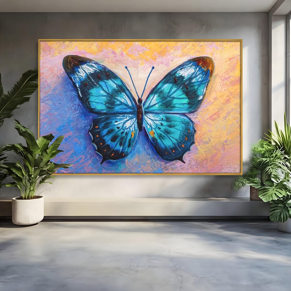 Tablou Canvas Premium, LuxCanva® M1150, Fluture Pictat de Valuri, Pictura, Albastru, Azur, Fluture, Ocean, Valuri, Aripi, Insecta, Abstract, Azur, Acuarela, Birou, Living, Camera Copil
