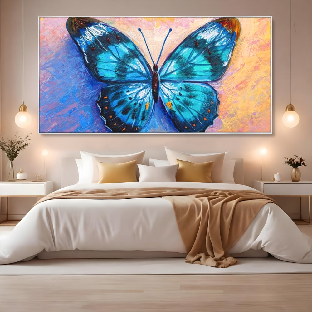 Tablou Canvas Premium, LuxCanva® M1150, Fluture Pictat de Valuri, Pictura, Albastru, Azur, Fluture, Ocean, Valuri, Aripi, Insecta, Abstract, Azur, Acuarela, Birou, Living, Camera Copil