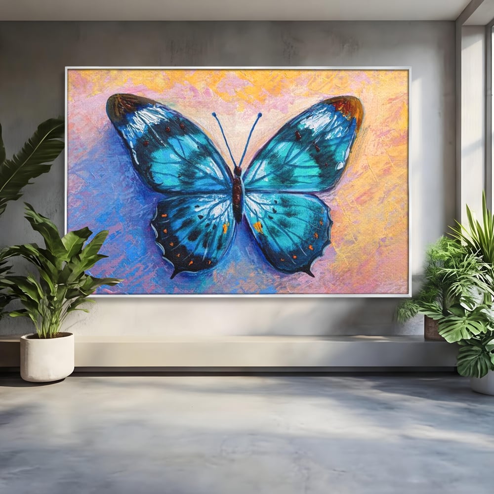 Tablou Canvas Premium, LuxCanva® M1150, Fluture Pictat de Valuri, Pictura, Albastru, Azur, Fluture, Ocean, Valuri, Aripi, Insecta, Abstract, Azur, Acuarela, Birou, Living, Camera Copil