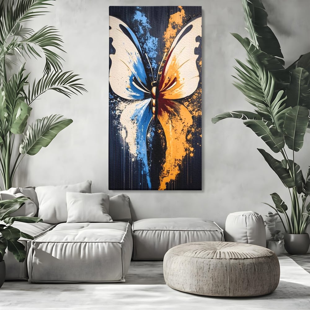 Leinwand Premium Canvas Wandkunst, LuxCanva® M1151, Schmetterling des Universums, Kontrast, Moderne Kunst, Abstrakt, Malerei, Schmetterling, Flügel, Kalt, Warm, Symmetrie, Graffiti, Büro, Wohnen, Kinderzimmer