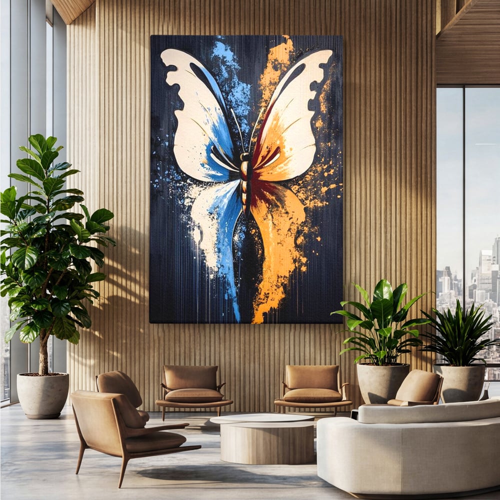 Leinwand Premium Canvas Wandkunst, LuxCanva® M1151, Schmetterling des Universums, Kontrast, Moderne Kunst, Abstrakt, Malerei, Schmetterling, Flügel, Kalt, Warm, Symmetrie, Graffiti, Büro, Wohnen, Kinderzimmer