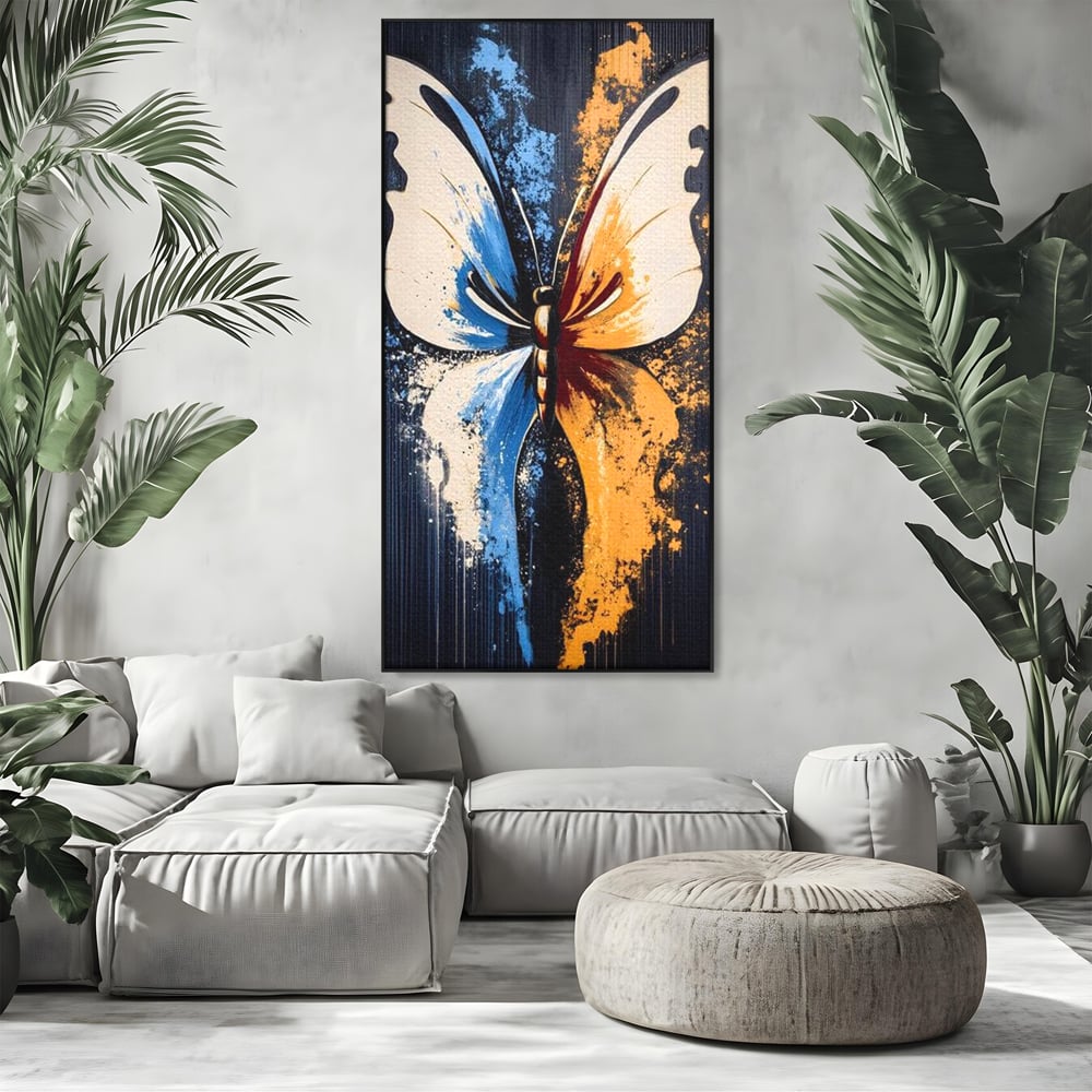 Leinwand Premium Canvas Wandkunst, LuxCanva® M1151, Schmetterling des Universums, Kontrast, Moderne Kunst, Abstrakt, Malerei, Schmetterling, Flügel, Kalt, Warm, Symmetrie, Graffiti, Büro, Wohnen, Kinderzimmer
