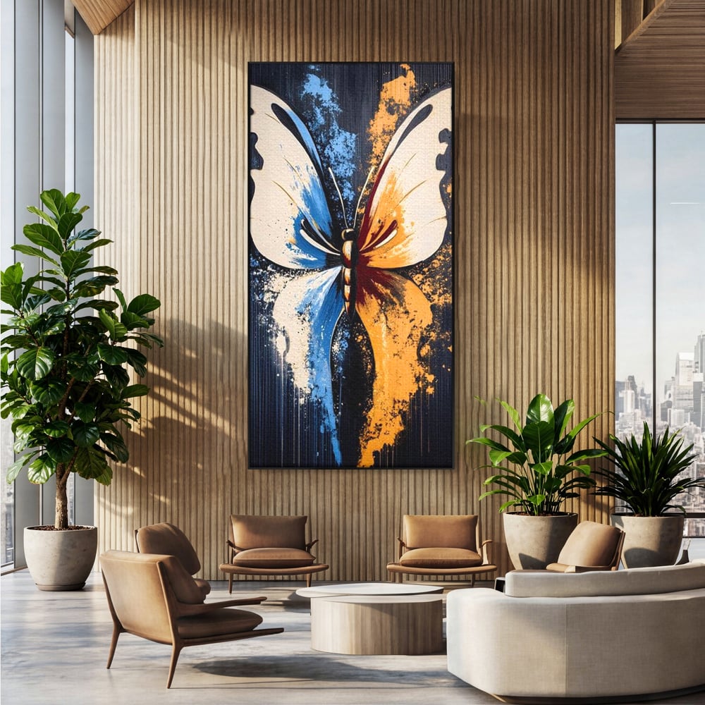 Leinwand Premium Canvas Wandkunst, LuxCanva® M1151, Schmetterling des Universums, Kontrast, Moderne Kunst, Abstrakt, Malerei, Schmetterling, Flügel, Kalt, Warm, Symmetrie, Graffiti, Büro, Wohnen, Kinderzimmer