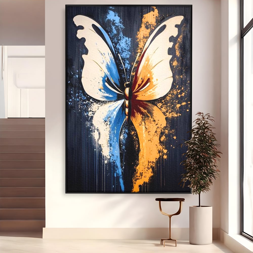 Leinwand Premium Canvas Wandkunst, LuxCanva® M1151, Schmetterling des Universums, Kontrast, Moderne Kunst, Abstrakt, Malerei, Schmetterling, Flügel, Kalt, Warm, Symmetrie, Graffiti, Büro, Wohnen, Kinderzimmer