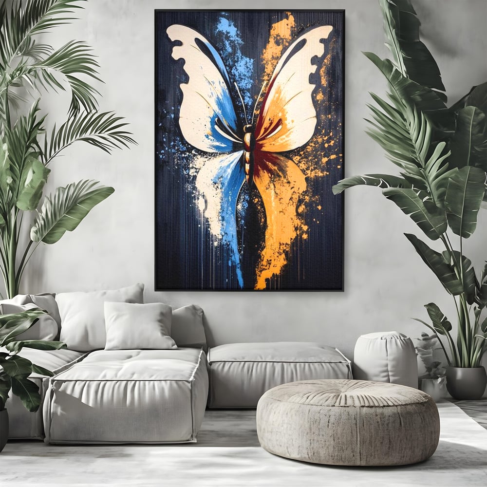 Leinwand Premium Canvas Wandkunst, LuxCanva® M1151, Schmetterling des Universums, Kontrast, Moderne Kunst, Abstrakt, Malerei, Schmetterling, Flügel, Kalt, Warm, Symmetrie, Graffiti, Büro, Wohnen, Kinderzimmer