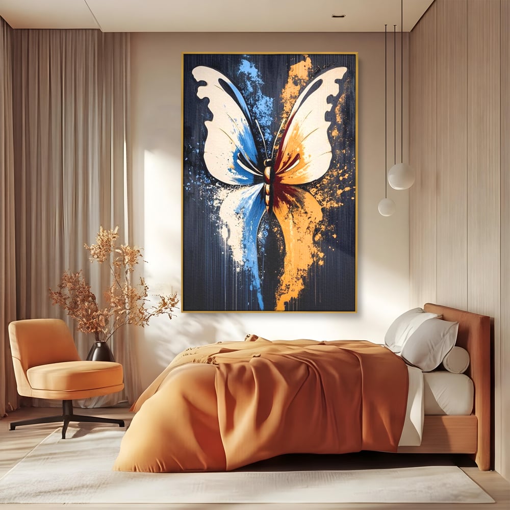 Leinwand Premium Canvas Wandkunst, LuxCanva® M1151, Schmetterling des Universums, Kontrast, Moderne Kunst, Abstrakt, Malerei, Schmetterling, Flügel, Kalt, Warm, Symmetrie, Graffiti, Büro, Wohnen, Kinderzimmer