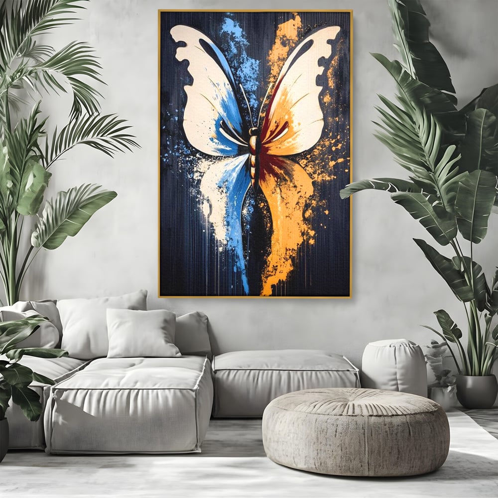 Leinwand Premium Canvas Wandkunst, LuxCanva® M1151, Schmetterling des Universums, Kontrast, Moderne Kunst, Abstrakt, Malerei, Schmetterling, Flügel, Kalt, Warm, Symmetrie, Graffiti, Büro, Wohnen, Kinderzimmer