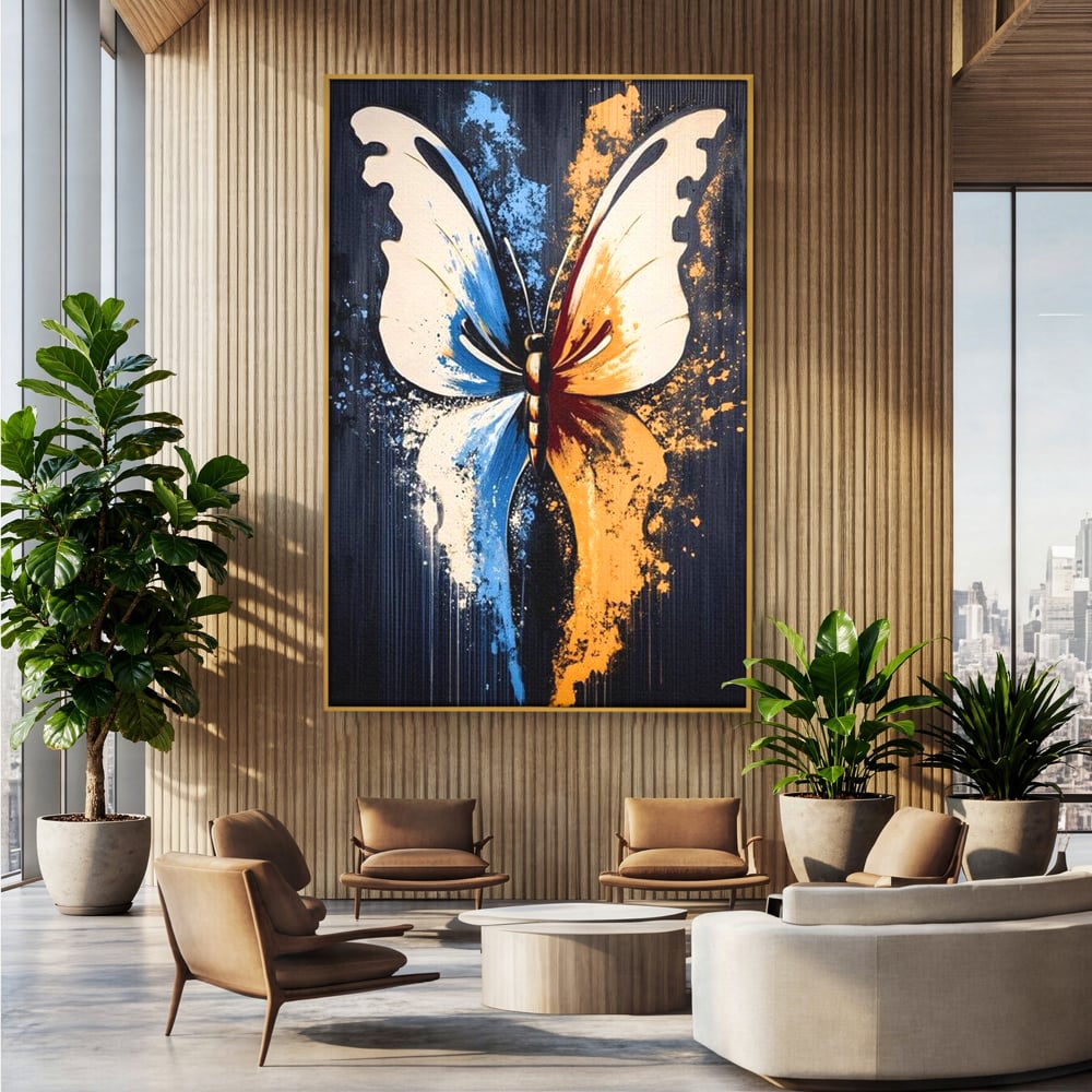 Leinwand Premium Canvas Wandkunst, LuxCanva® M1151, Schmetterling des Universums, Kontrast, Moderne Kunst, Abstrakt, Malerei, Schmetterling, Flügel, Kalt, Warm, Symmetrie, Graffiti, Büro, Wohnen, Kinderzimmer