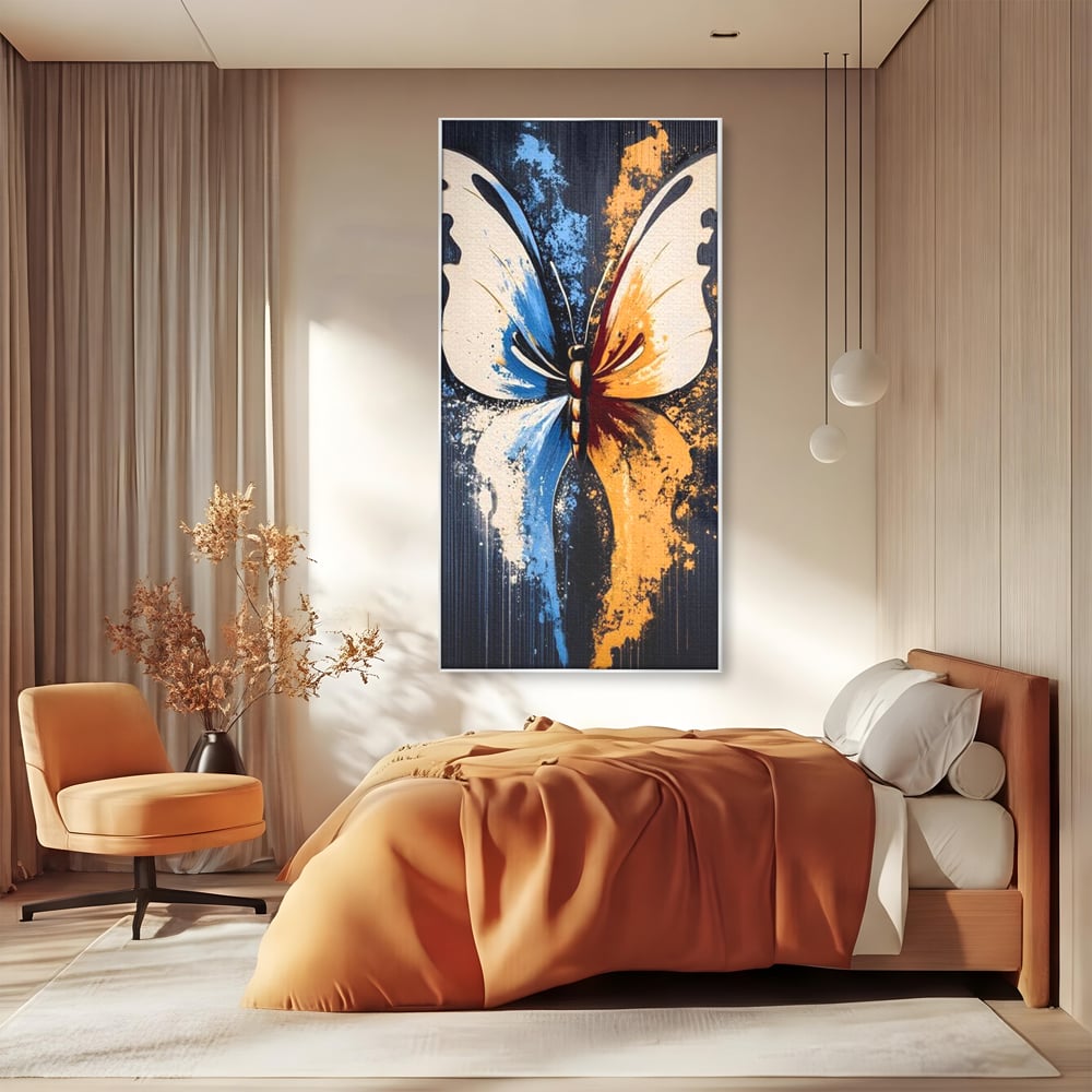 Leinwand Premium Canvas Wandkunst, LuxCanva® M1151, Schmetterling des Universums, Kontrast, Moderne Kunst, Abstrakt, Malerei, Schmetterling, Flügel, Kalt, Warm, Symmetrie, Graffiti, Büro, Wohnen, Kinderzimmer