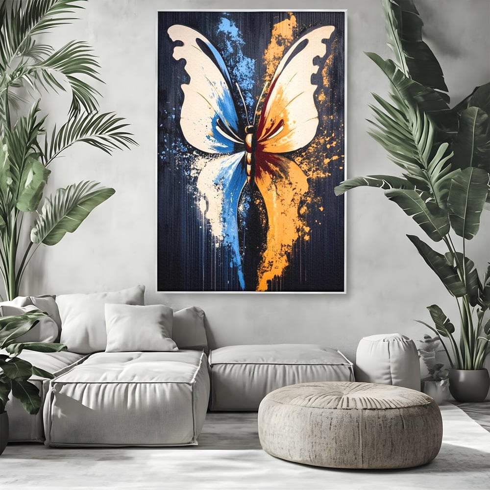 Leinwand Premium Canvas Wandkunst, LuxCanva® M1151, Schmetterling des Universums, Kontrast, Moderne Kunst, Abstrakt, Malerei, Schmetterling, Flügel, Kalt, Warm, Symmetrie, Graffiti, Büro, Wohnen, Kinderzimmer