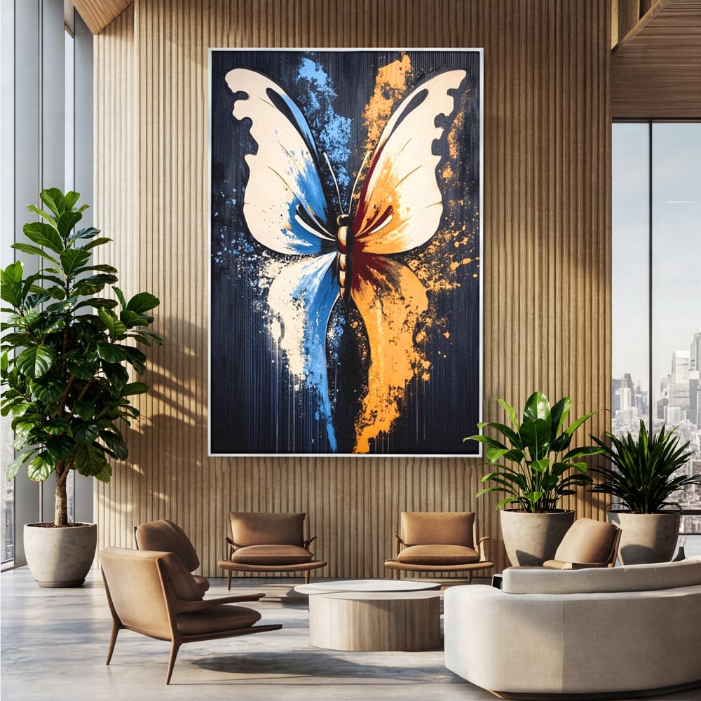 Leinwand Premium Canvas Wandkunst, LuxCanva® M1151, Schmetterling des Universums, Kontrast, Moderne Kunst, Abstrakt, Malerei, Schmetterling, Flügel, Kalt, Warm, Symmetrie, Graffiti, Büro, Wohnen, Kinderzimmer