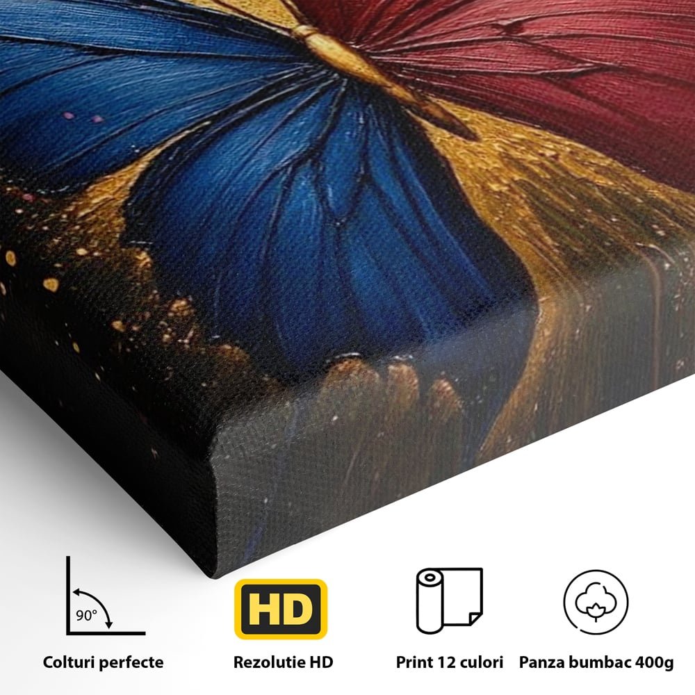 Tablou Canvas Premium, LuxCanva® M1152, Scanteie Divina, Stralucitor, Auriu, Albastru, Rosu, Fluture, Aripi, Modern, Pictura, Metamorfoza, Eteric, Zbor, Birou, Living, Camera Copil