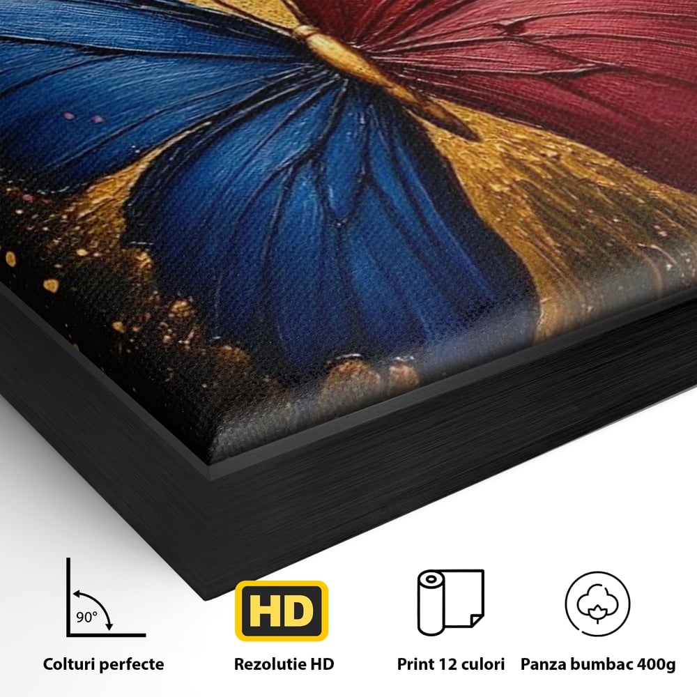 Tablou Canvas Premium, LuxCanva® M1152, Scanteie Divina, Stralucitor, Auriu, Albastru, Rosu, Fluture, Aripi, Modern, Pictura, Metamorfoza, Eteric, Zbor, Birou, Living, Camera Copil