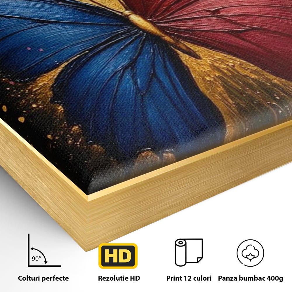 Tablou Canvas Premium, LuxCanva® M1152, Scanteie Divina, Stralucitor, Auriu, Albastru, Rosu, Fluture, Aripi, Modern, Pictura, Metamorfoza, Eteric, Zbor, Birou, Living, Camera Copil