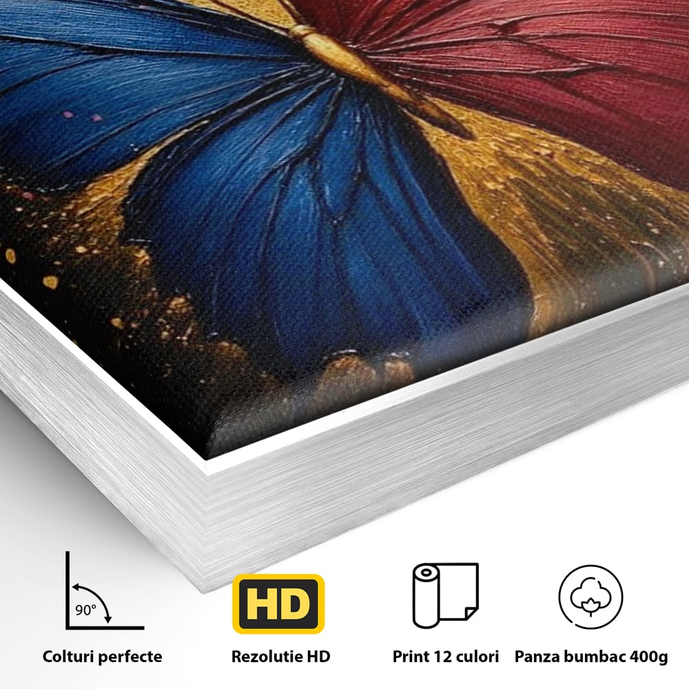 Tablou Canvas Premium, LuxCanva® M1152, Scanteie Divina, Stralucitor, Auriu, Albastru, Rosu, Fluture, Aripi, Modern, Pictura, Metamorfoza, Eteric, Zbor, Birou, Living, Camera Copil