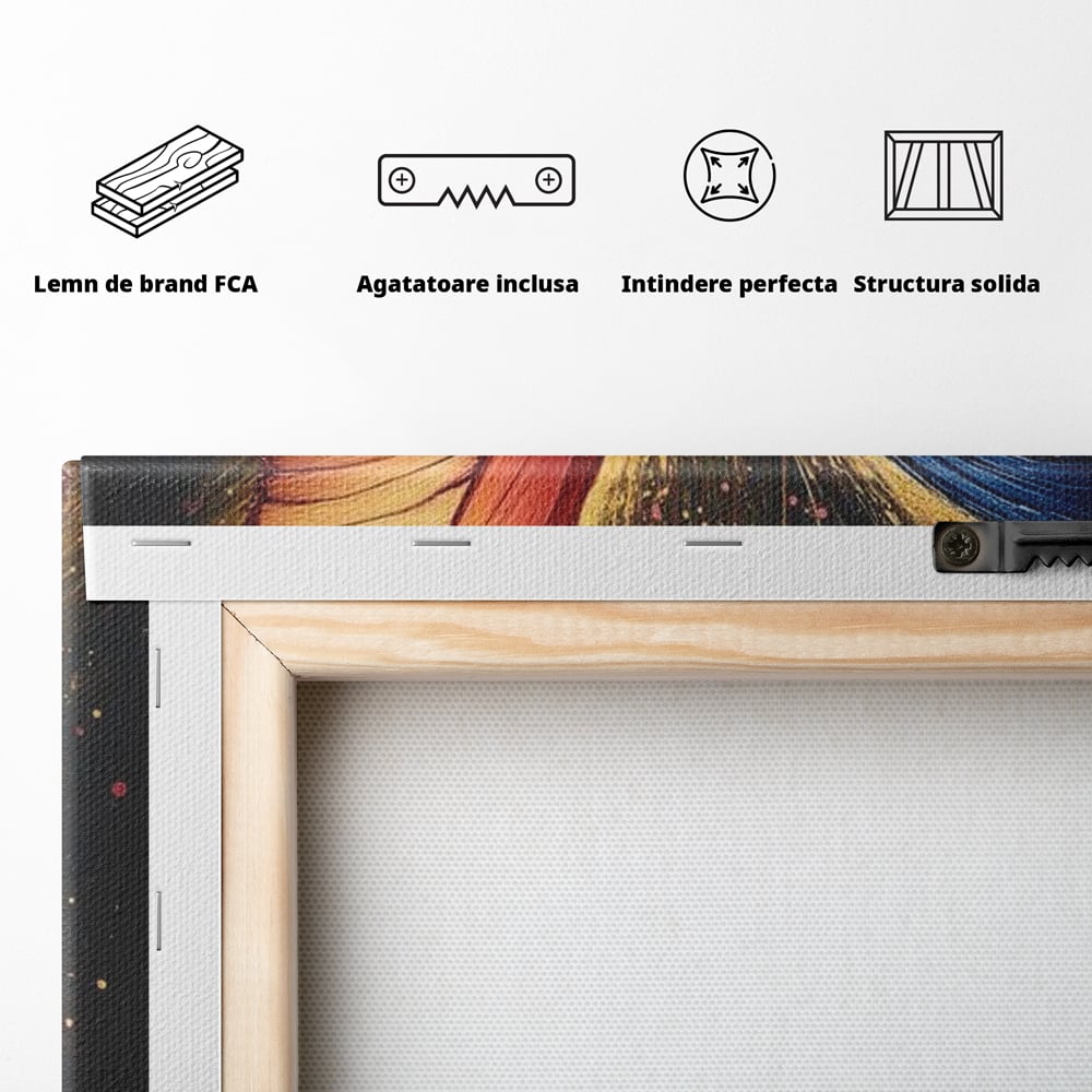 Tablou Canvas Premium, LuxCanva® M1152, Scanteie Divina, Stralucitor, Auriu, Albastru, Rosu, Fluture, Aripi, Modern, Pictura, Metamorfoza, Eteric, Zbor, Birou, Living, Camera Copil