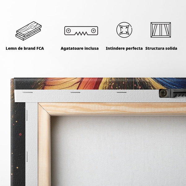 Tablou Canvas Premium, LuxCanva® M1152, Scanteie Divina, Stralucitor, Auriu, Albastru, Rosu, Fluture, Aripi, Modern, Pictura, Metamorfoza, Eteric, Zbor, Birou, Living, Camera Copil