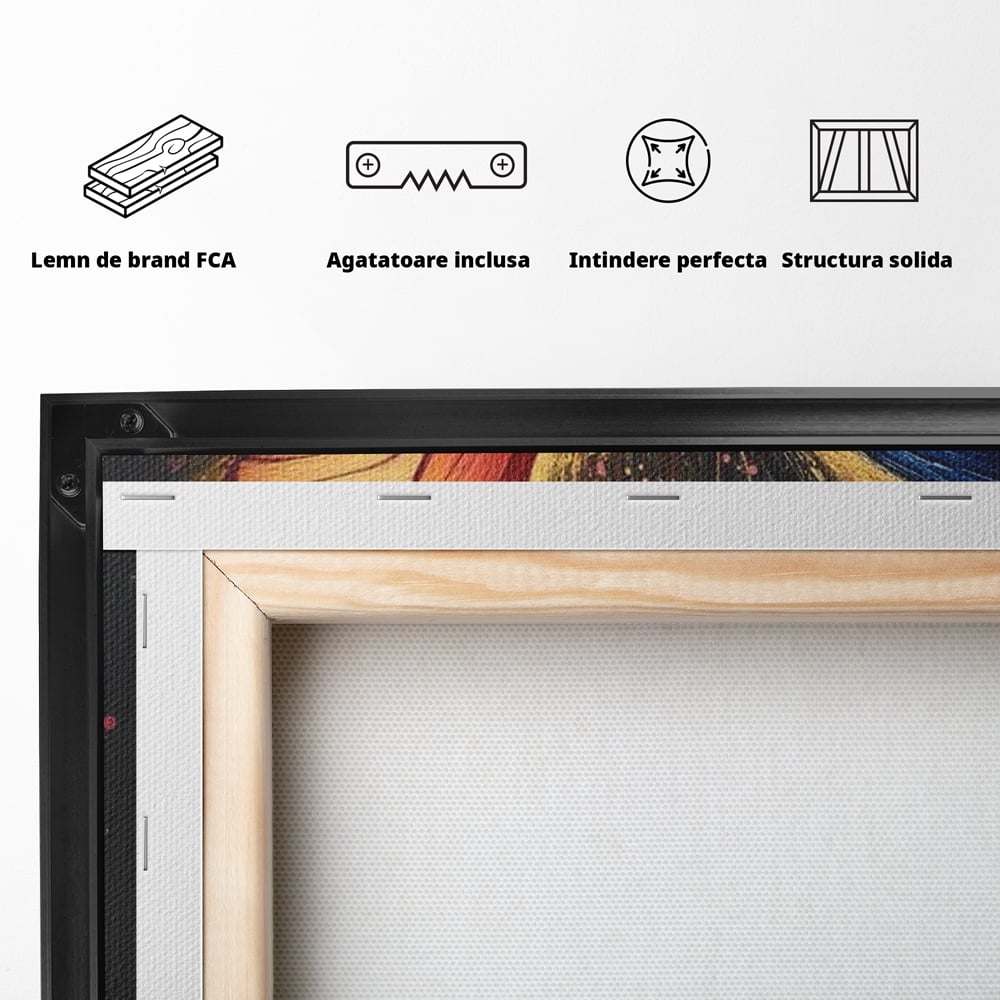 Tablou Canvas Premium, LuxCanva® M1152, Scanteie Divina, Stralucitor, Auriu, Albastru, Rosu, Fluture, Aripi, Modern, Pictura, Metamorfoza, Eteric, Zbor, Birou, Living, Camera Copil