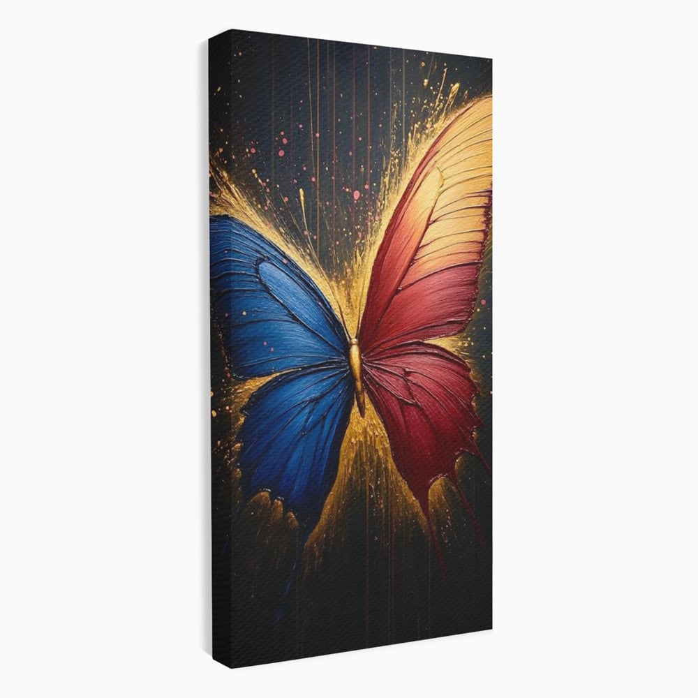Tablou Canvas Premium, LuxCanva® M1152, Scanteie Divina, Stralucitor, Auriu, Albastru, Rosu, Fluture, Aripi, Modern, Pictura, Metamorfoza, Eteric, Zbor, Birou, Living, Camera Copil