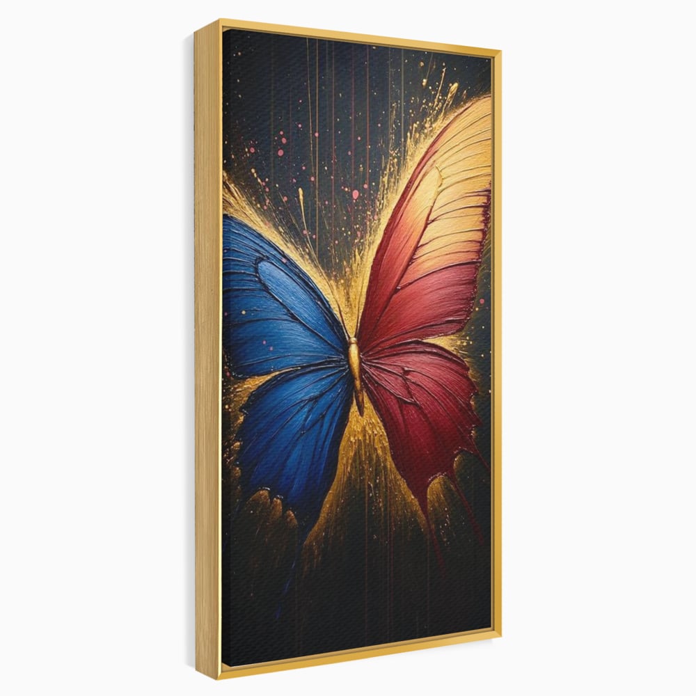 Tablou Canvas Premium, LuxCanva® M1152, Scanteie Divina, Stralucitor, Auriu, Albastru, Rosu, Fluture, Aripi, Modern, Pictura, Metamorfoza, Eteric, Zbor, Birou, Living, Camera Copil