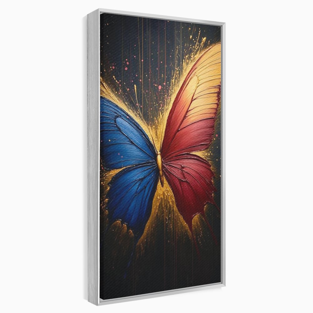 Tablou Canvas Premium, LuxCanva® M1152, Scanteie Divina, Stralucitor, Auriu, Albastru, Rosu, Fluture, Aripi, Modern, Pictura, Metamorfoza, Eteric, Zbor, Birou, Living, Camera Copil