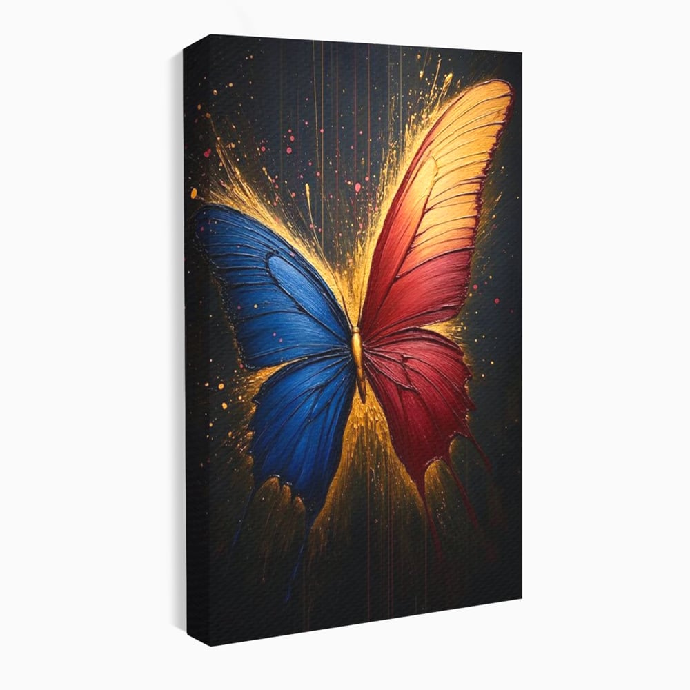 Tablou Canvas Premium, LuxCanva® M1152, Scanteie Divina, Stralucitor, Auriu, Albastru, Rosu, Fluture, Aripi, Modern, Pictura, Metamorfoza, Eteric, Zbor, Birou, Living, Camera Copil