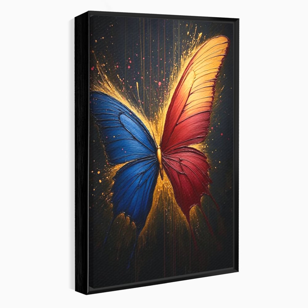 Tablou Canvas Premium, LuxCanva® M1152, Scanteie Divina, Stralucitor, Auriu, Albastru, Rosu, Fluture, Aripi, Modern, Pictura, Metamorfoza, Eteric, Zbor, Birou, Living, Camera Copil