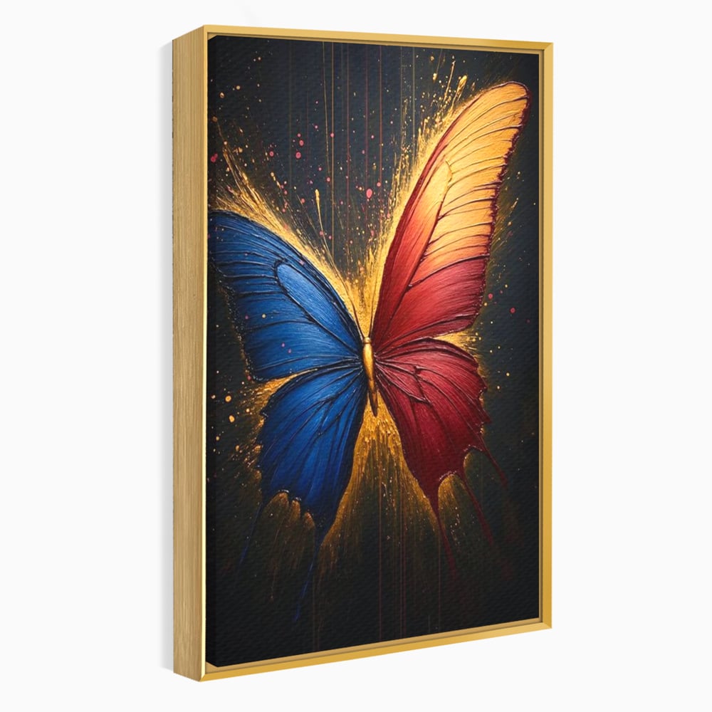 Tablou Canvas Premium, LuxCanva® M1152, Scanteie Divina, Stralucitor, Auriu, Albastru, Rosu, Fluture, Aripi, Modern, Pictura, Metamorfoza, Eteric, Zbor, Birou, Living, Camera Copil