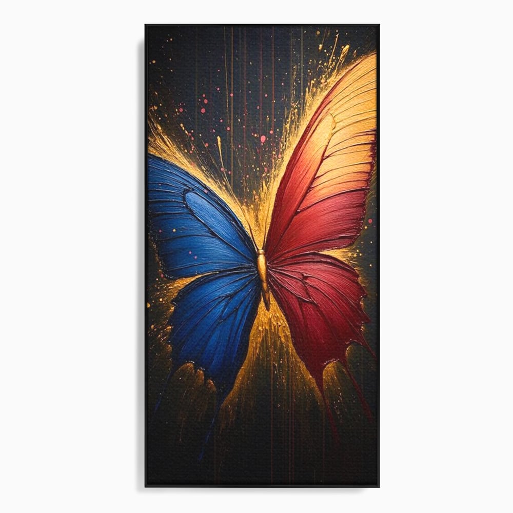 Tablou Canvas Premium, LuxCanva® M1152, Scanteie Divina, Stralucitor, Auriu, Albastru, Rosu, Fluture, Aripi, Modern, Pictura, Metamorfoza, Eteric, Zbor, Birou, Living, Camera Copil