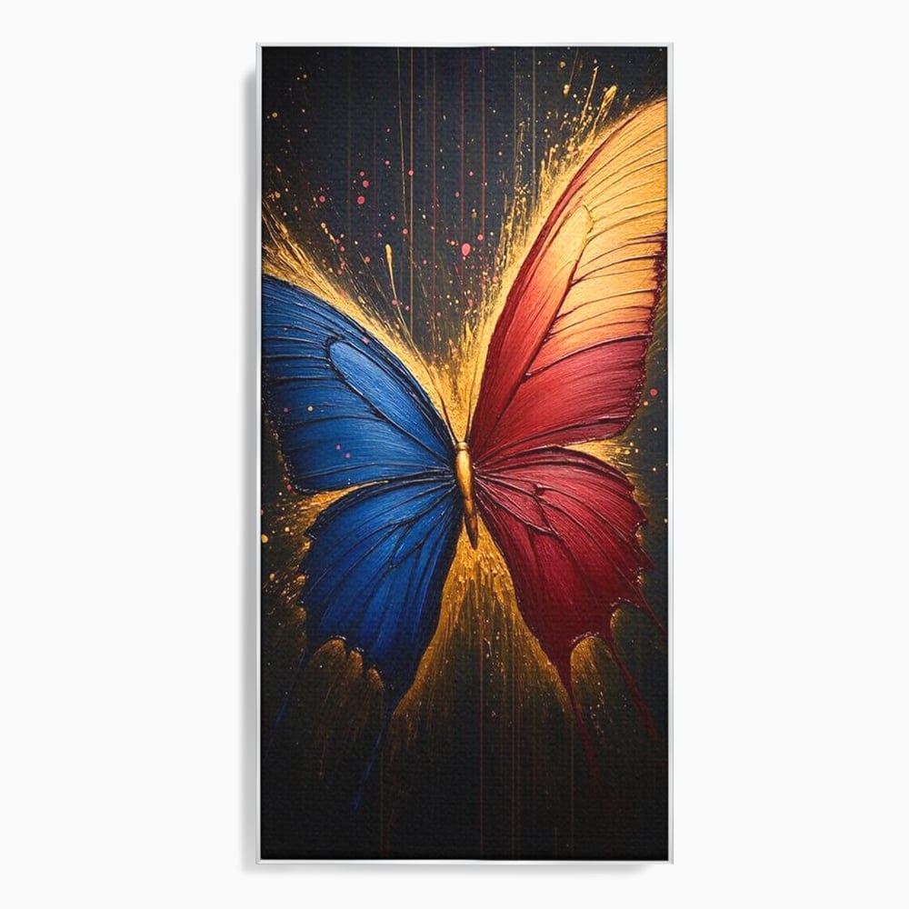 Tablou Canvas Premium, LuxCanva® M1152, Scanteie Divina, Stralucitor, Auriu, Albastru, Rosu, Fluture, Aripi, Modern, Pictura, Metamorfoza, Eteric, Zbor, Birou, Living, Camera Copil