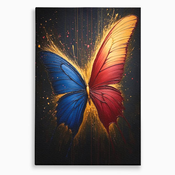 Tablou Canvas Premium, LuxCanva® M1152, Scanteie Divina, Stralucitor, Auriu, Albastru, Rosu, Fluture, Aripi, Modern, Pictura, Metamorfoza, Eteric, Zbor, Birou, Living, Camera Copil