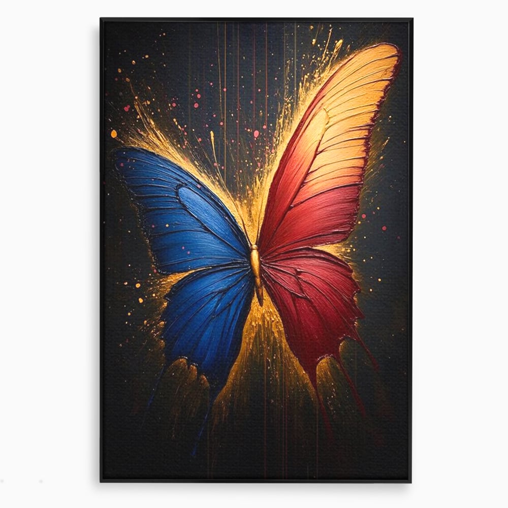 Tablou Canvas Premium, LuxCanva® M1152, Scanteie Divina, Stralucitor, Auriu, Albastru, Rosu, Fluture, Aripi, Modern, Pictura, Metamorfoza, Eteric, Zbor, Birou, Living, Camera Copil