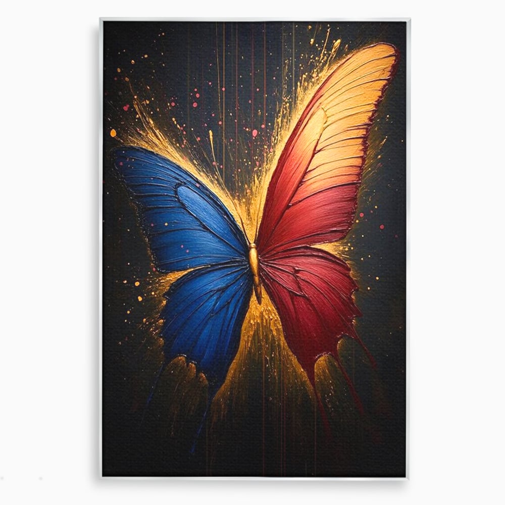 Tablou Canvas Premium, LuxCanva® M1152, Scanteie Divina, Stralucitor, Auriu, Albastru, Rosu, Fluture, Aripi, Modern, Pictura, Metamorfoza, Eteric, Zbor, Birou, Living, Camera Copil