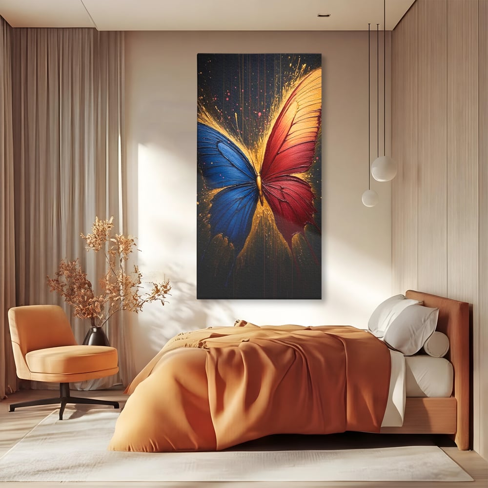 Tablou Canvas Premium, LuxCanva® M1152, Scanteie Divina, Stralucitor, Auriu, Albastru, Rosu, Fluture, Aripi, Modern, Pictura, Metamorfoza, Eteric, Zbor, Birou, Living, Camera Copil