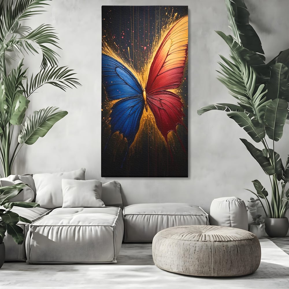 Tablou Canvas Premium, LuxCanva® M1152, Scanteie Divina, Stralucitor, Auriu, Albastru, Rosu, Fluture, Aripi, Modern, Pictura, Metamorfoza, Eteric, Zbor, Birou, Living, Camera Copil