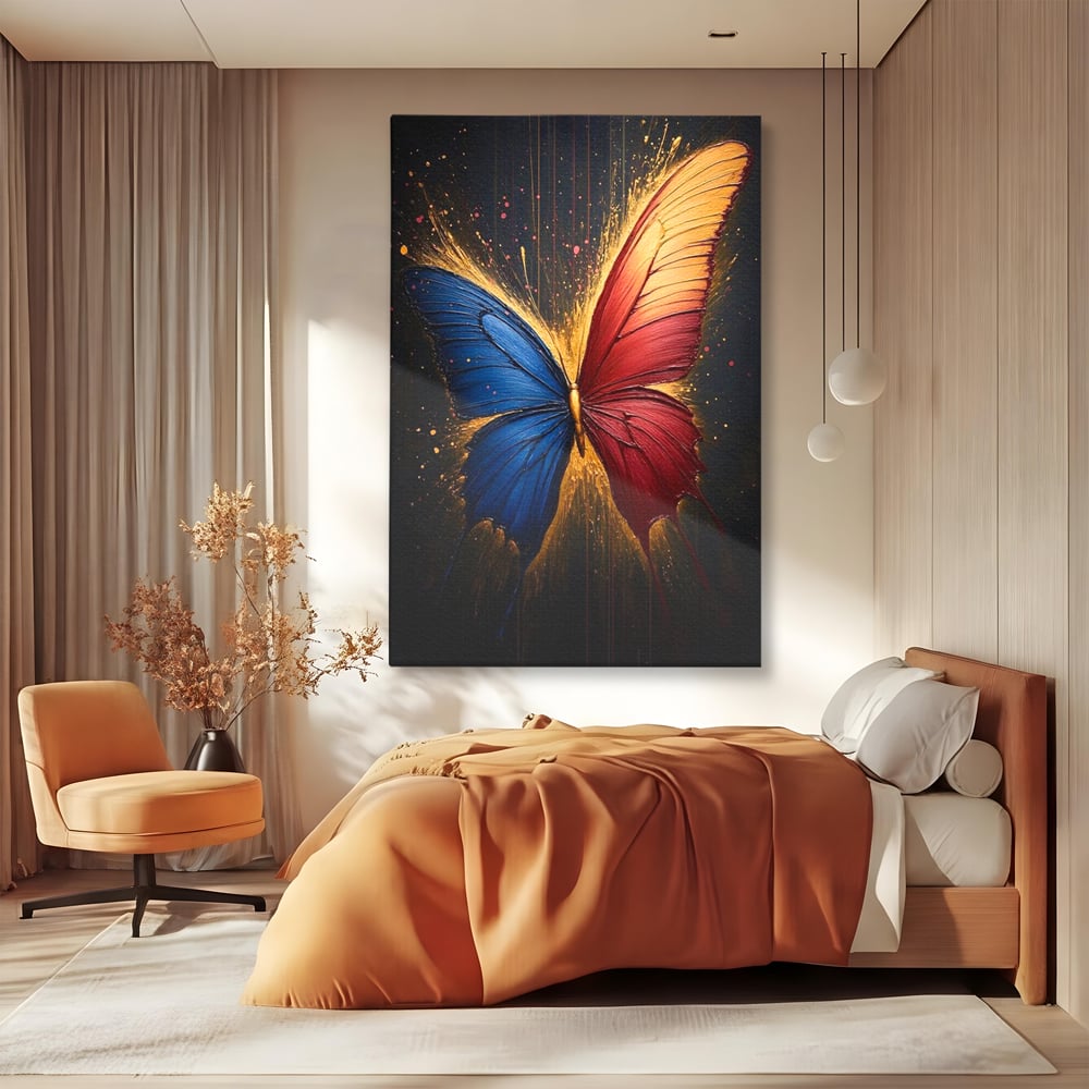 Tablou Canvas Premium, LuxCanva® M1152, Scanteie Divina, Stralucitor, Auriu, Albastru, Rosu, Fluture, Aripi, Modern, Pictura, Metamorfoza, Eteric, Zbor, Birou, Living, Camera Copil