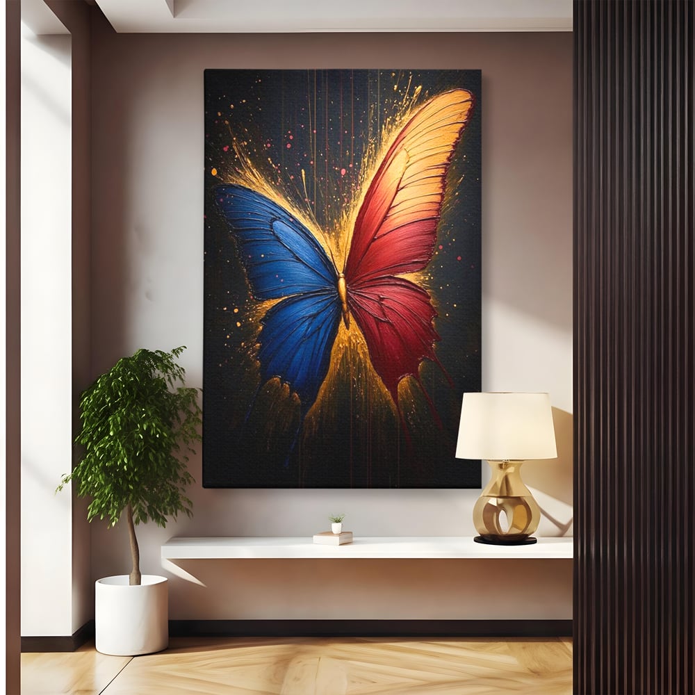 Tablou Canvas Premium, LuxCanva® M1152, Scanteie Divina, Stralucitor, Auriu, Albastru, Rosu, Fluture, Aripi, Modern, Pictura, Metamorfoza, Eteric, Zbor, Birou, Living, Camera Copil