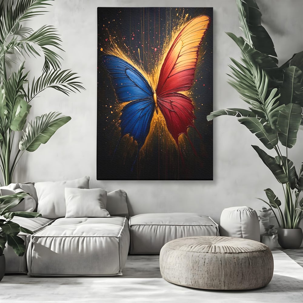 Tablou Canvas Premium, LuxCanva® M1152, Scanteie Divina, Stralucitor, Auriu, Albastru, Rosu, Fluture, Aripi, Modern, Pictura, Metamorfoza, Eteric, Zbor, Birou, Living, Camera Copil