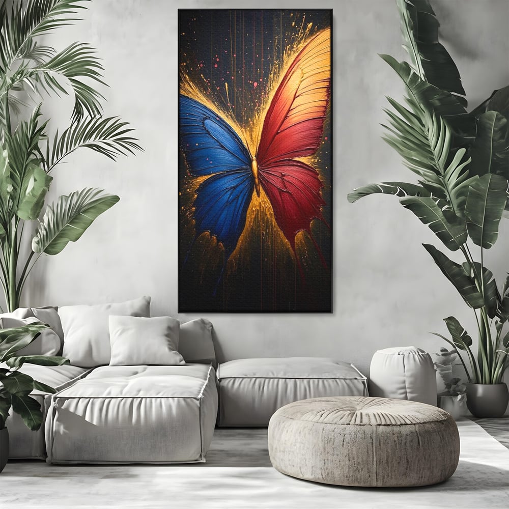 Tablou Canvas Premium, LuxCanva® M1152, Scanteie Divina, Stralucitor, Auriu, Albastru, Rosu, Fluture, Aripi, Modern, Pictura, Metamorfoza, Eteric, Zbor, Birou, Living, Camera Copil