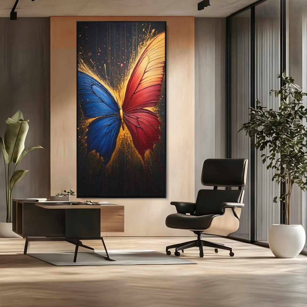 Tablou Canvas Premium, LuxCanva® M1152, Scanteie Divina, Stralucitor, Auriu, Albastru, Rosu, Fluture, Aripi, Modern, Pictura, Metamorfoza, Eteric, Zbor, Birou, Living, Camera Copil